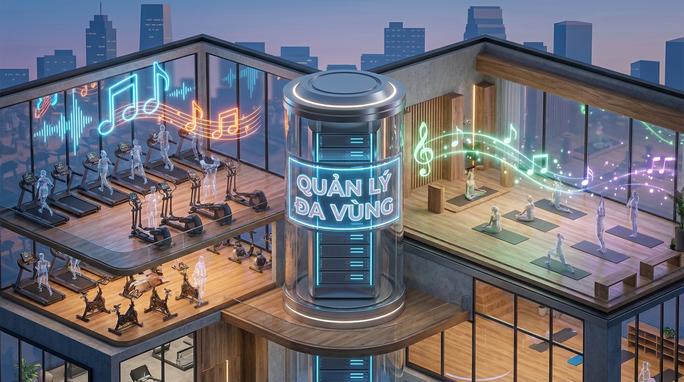 giải pháp quản lý âm thanh đa vùng multi zone cho tổ hợp fitness yoga