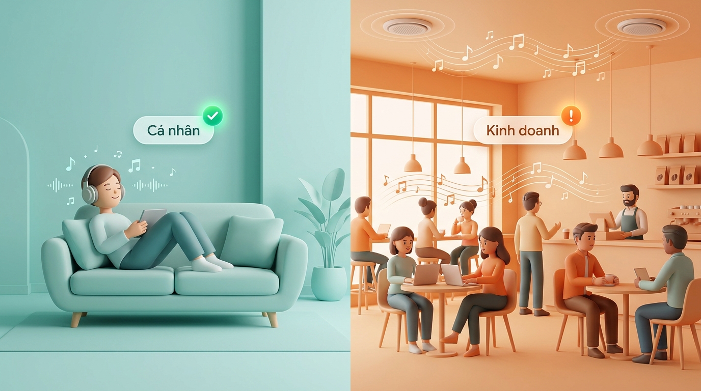 phân biệt nghe nhạc cá nhân và dùng nhạc kinh doanh tại quán cà phê