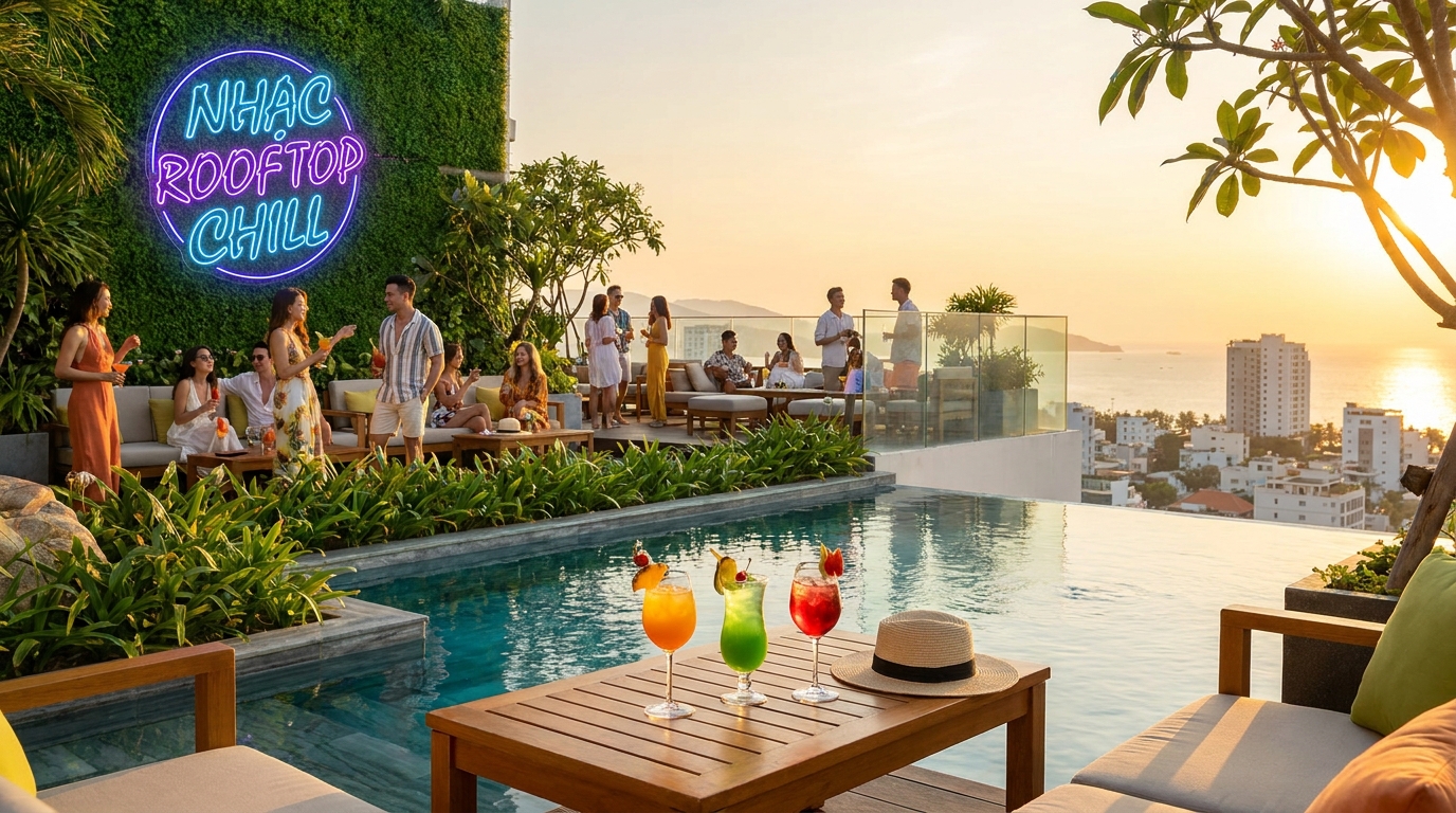 nhạc nền rooftop bar sunset chill và pool beach cực hút khách