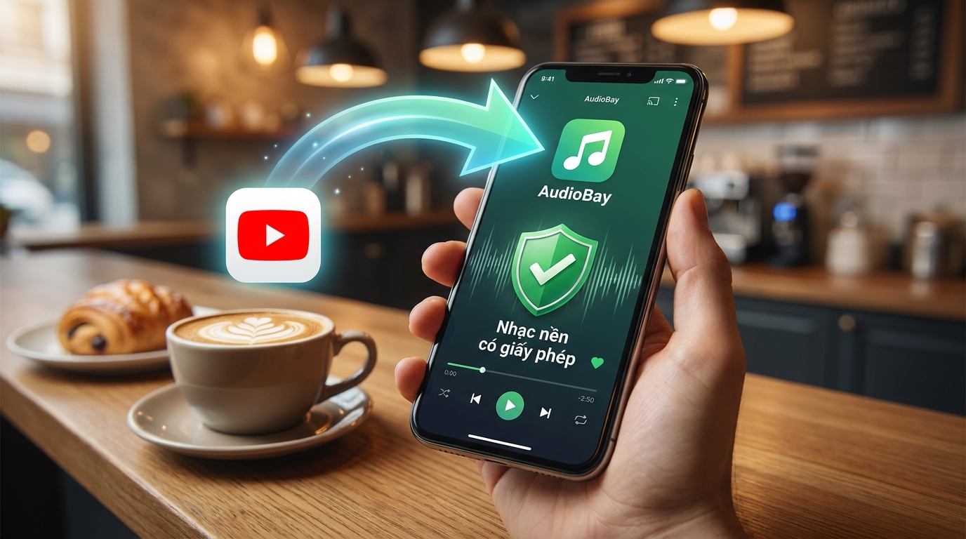 chuyển từ nhạc YouTube sang nhạc nền bản quyền AudioBay cho quán cà phê