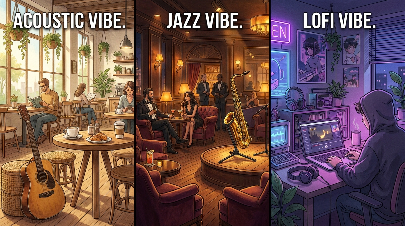 so sánh thể loại nhạc nền quán cà phê acoustic jazz và lofi chill